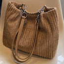 Stylish Corduroy Tote Bag for Women, Large Capacity Plush Shoulder Bag, Versatile Commuter & Travel Bag.