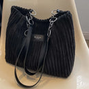Stylish Corduroy Tote Bag for Women, Large Capacity Plush Shoulder Bag, Versatile Commuter & Travel Bag.